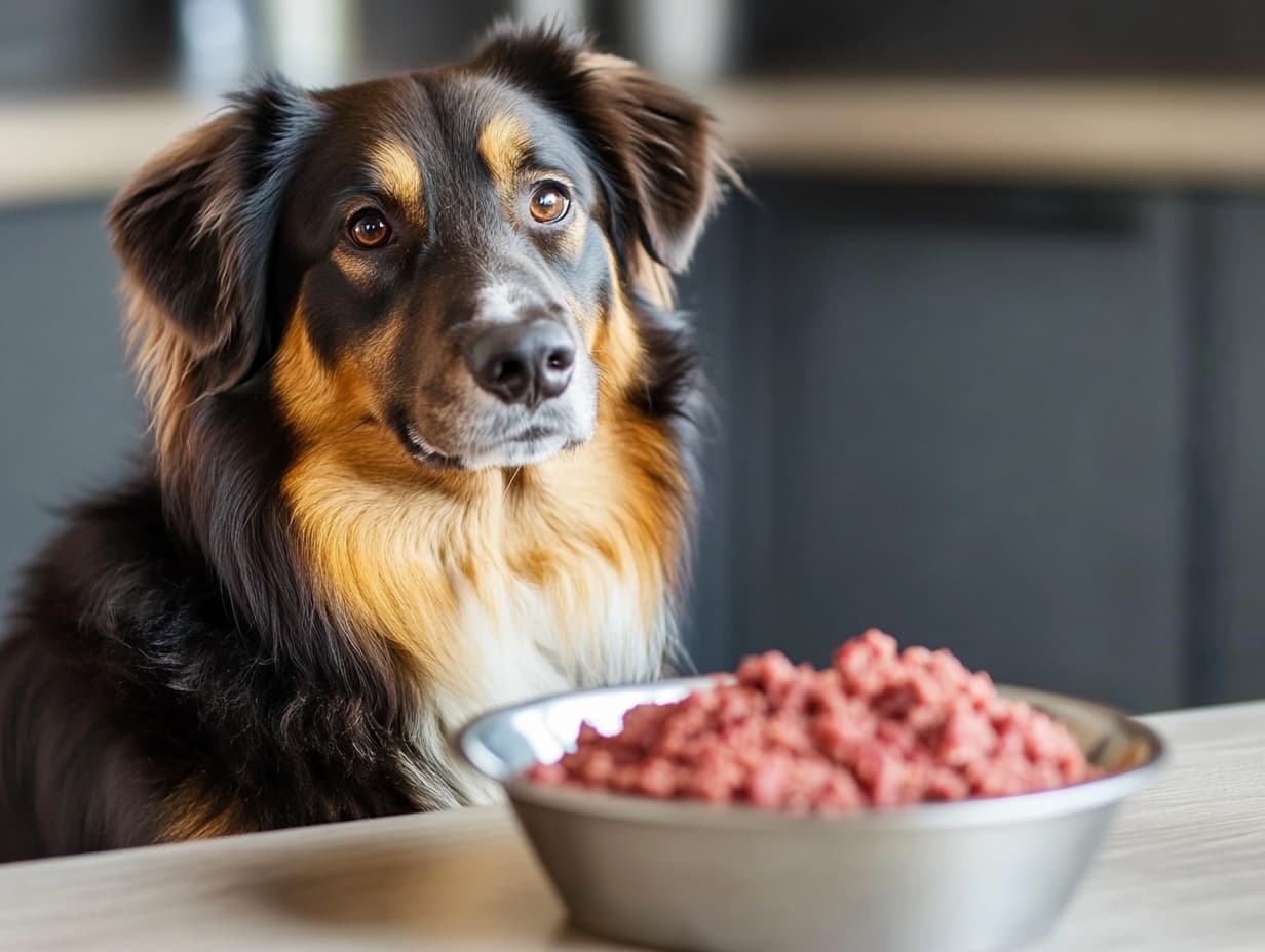 Dog sitting in front of a bowl of food.