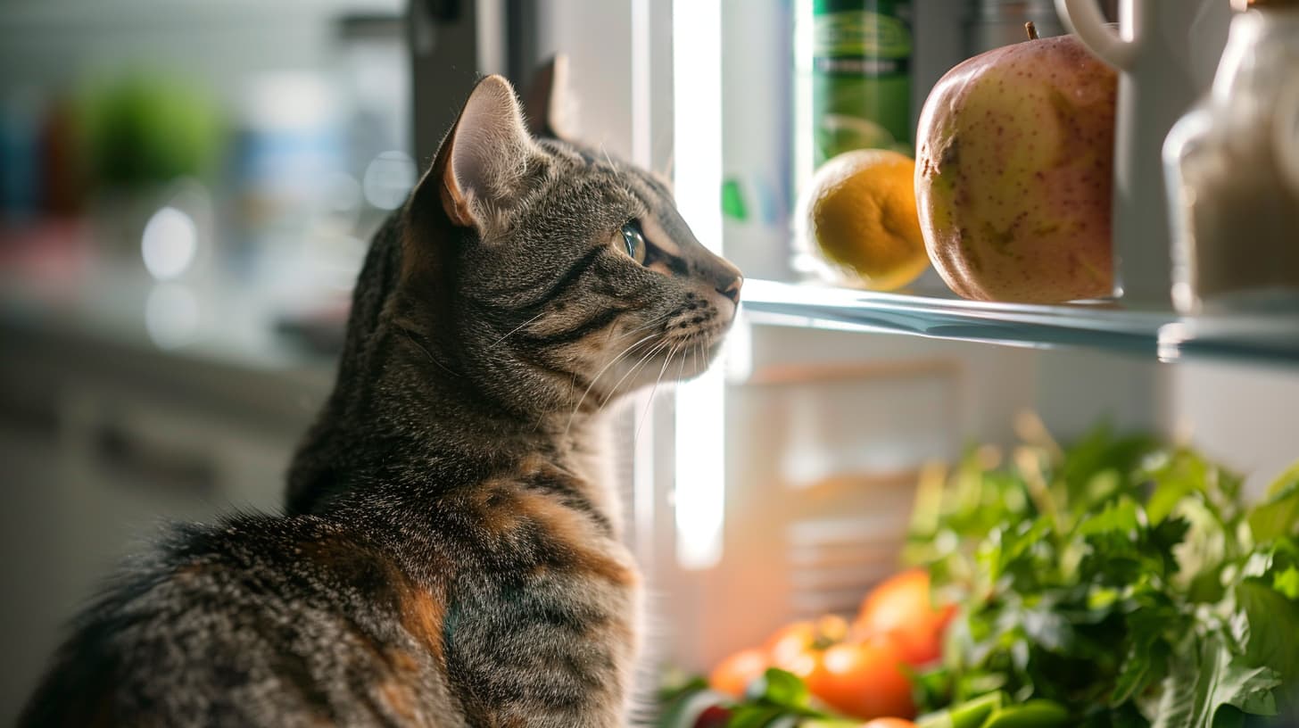 Cat looking inside a fridge.