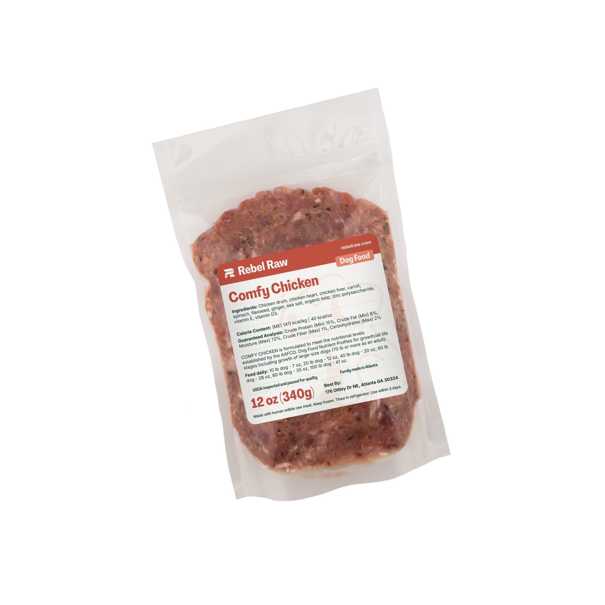 Package of Rebel Raw Comfy Chicken 12 oz dog food on a white background