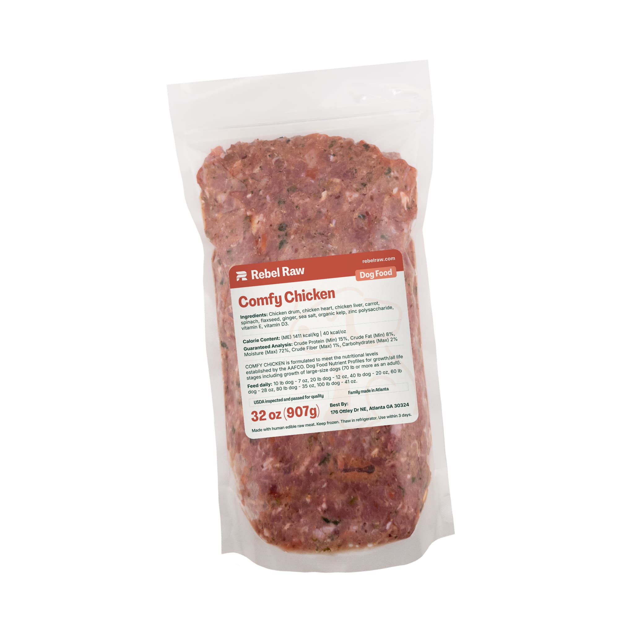 Package of Rebel Raw Comfy Chicken 32 oz on a white background