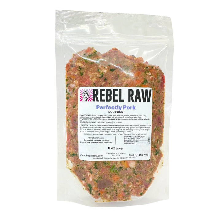 Perfectly Pork 8 oz pack of dog food.