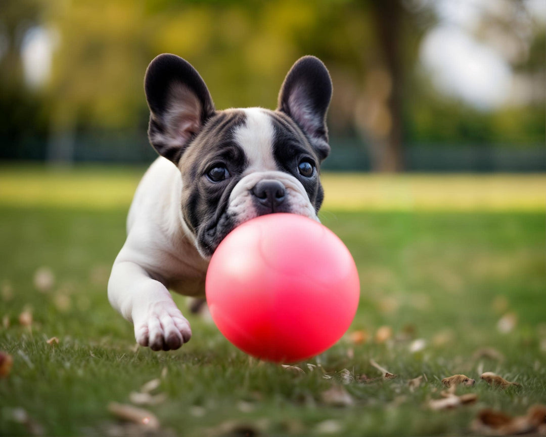 French Bull dog puppy playing with ball toy.