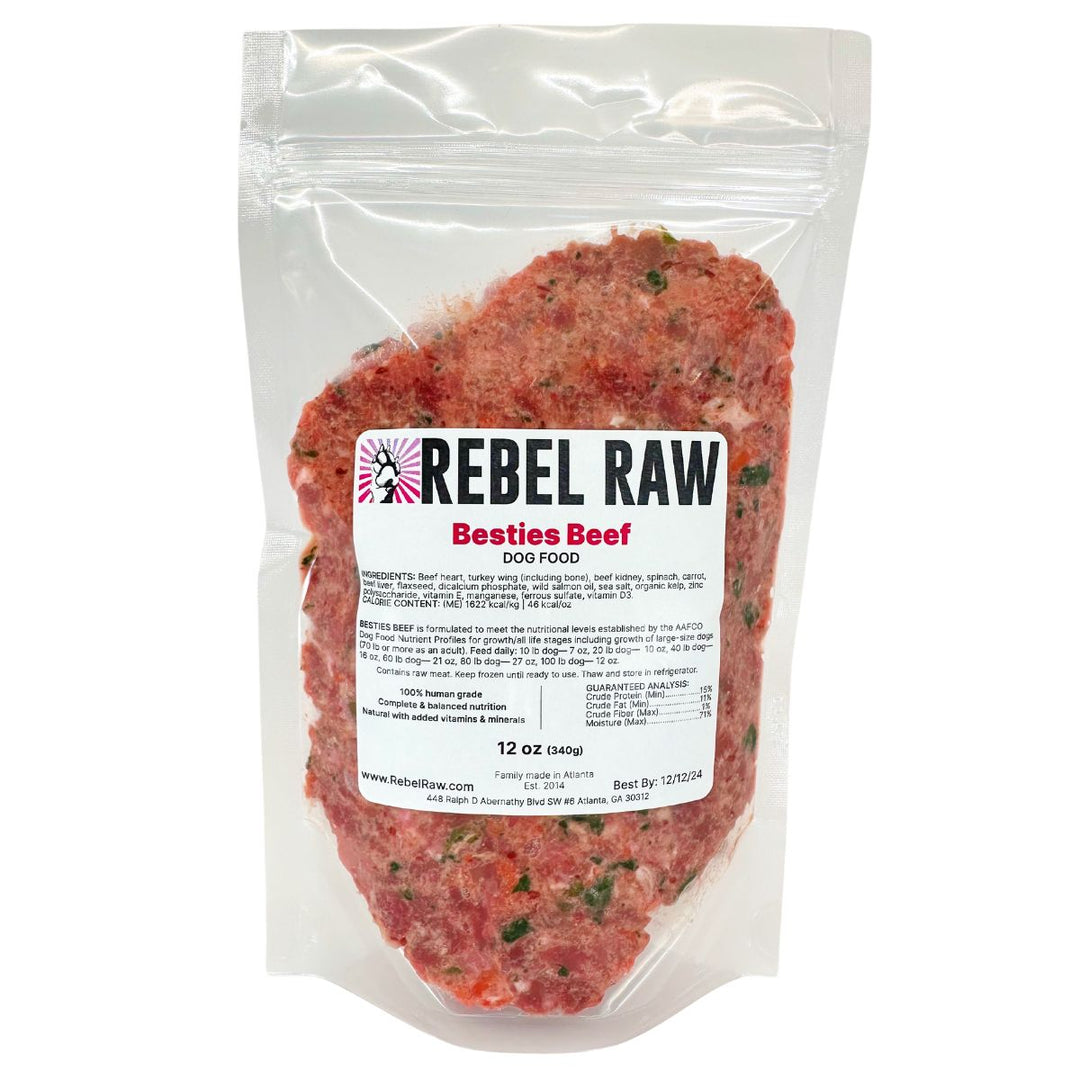 Rebel Raw Besties Beef 12 oz pack of dog food.