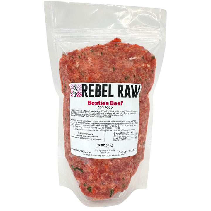 Rebel Raw Besties Beef 16 oz pack of dog food.