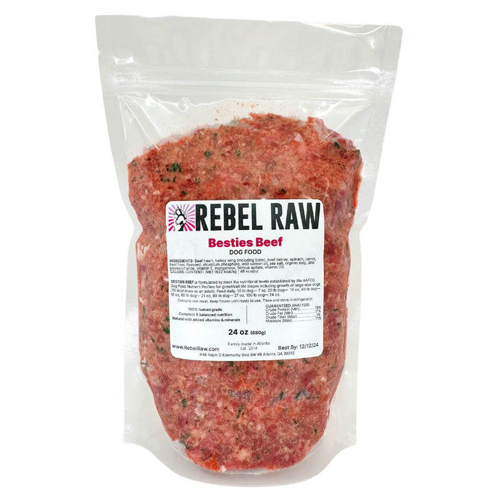 Rebel Raw Besties Beef 24 oz pack of dog food.