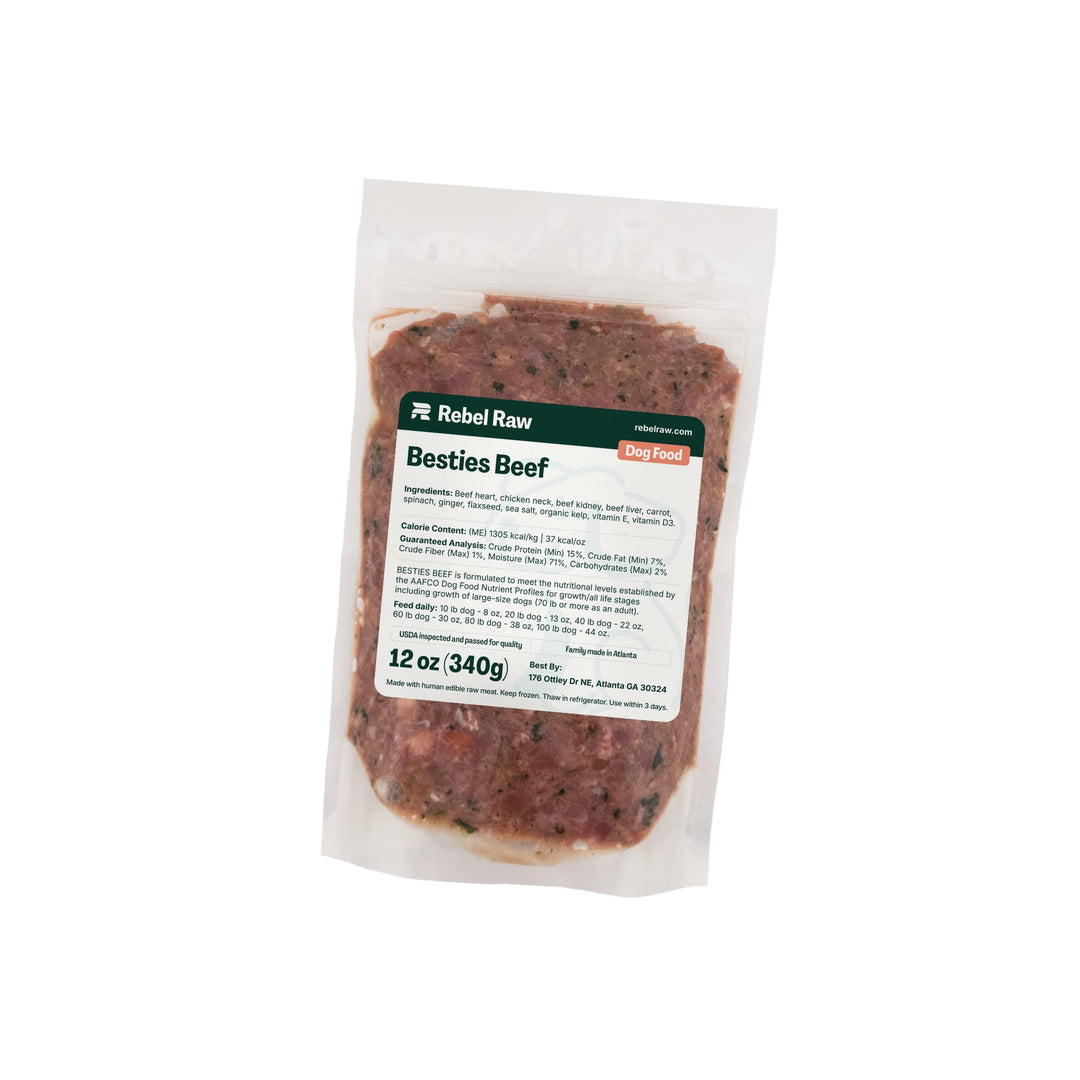 Package of Rebel Raw Besties Beef 12 oz dog food with a label on a white background