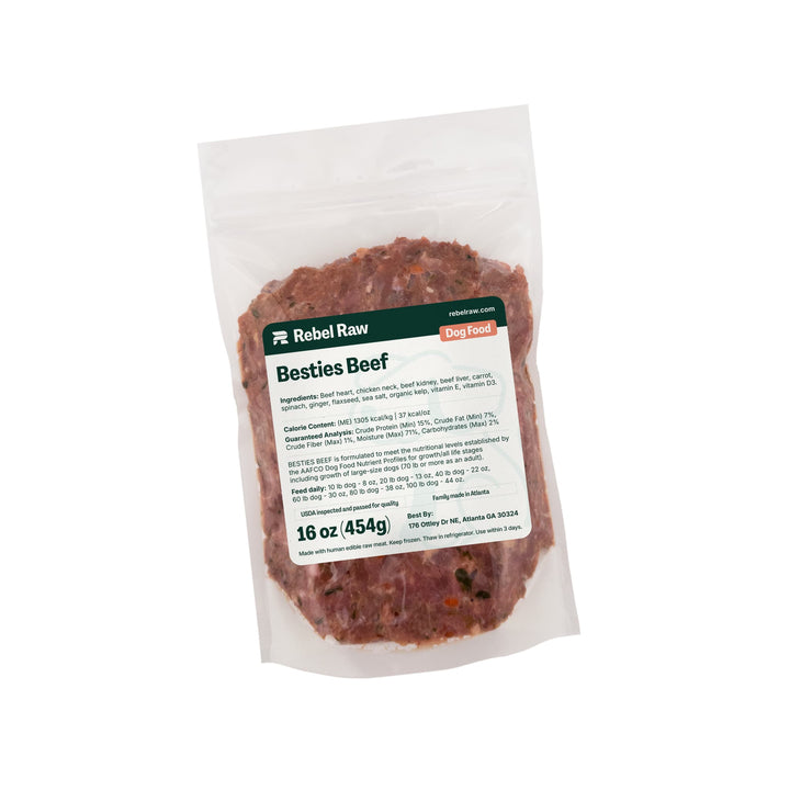 Package of Rebel Raw Besties Beef 16 oz dog food with a label on a white background