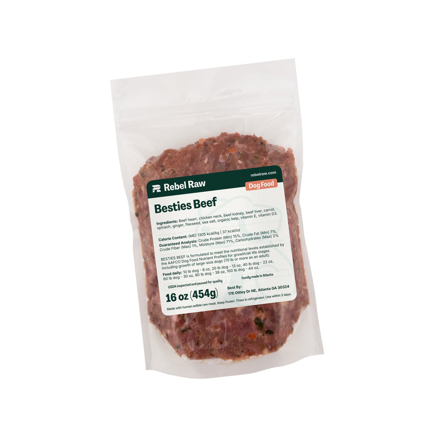 Package of Rebel Raw Besties Beef 16 oz dog food with a label on a white background