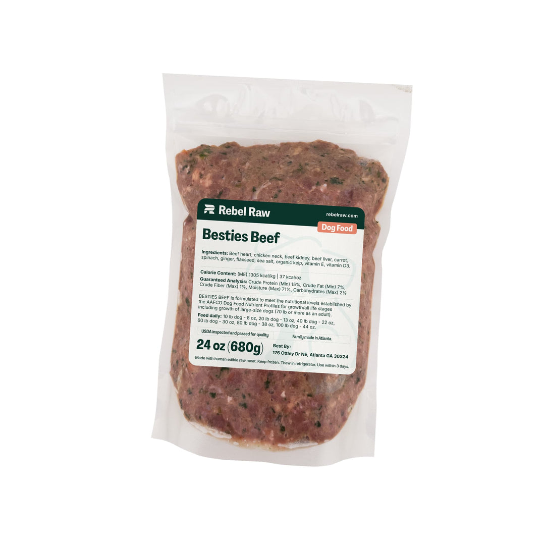 Package of Rebel Raw Besties Beef 24 oz dog food with a label on a white background