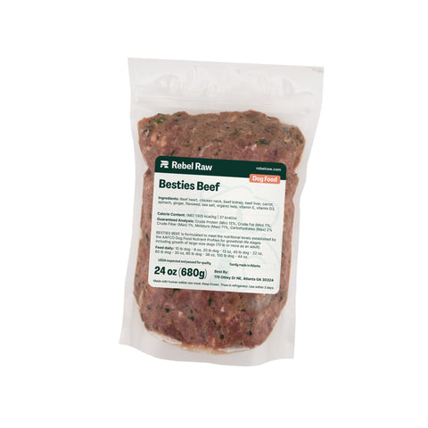 Package of Rebel Raw Besties Beef 24 oz dog food with a label on a white background