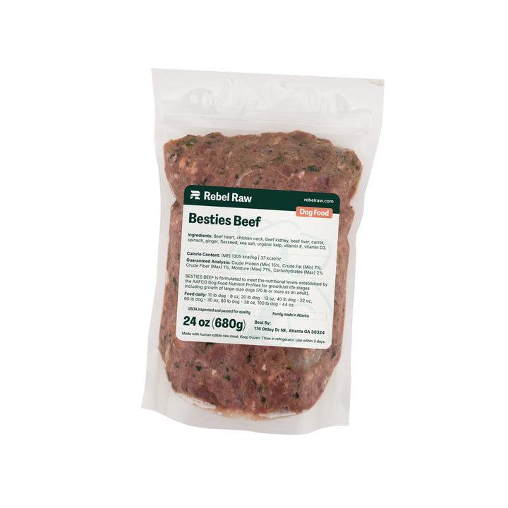 Package of Rebel Raw Besties Beef 24 oz dog food with a label on a white background