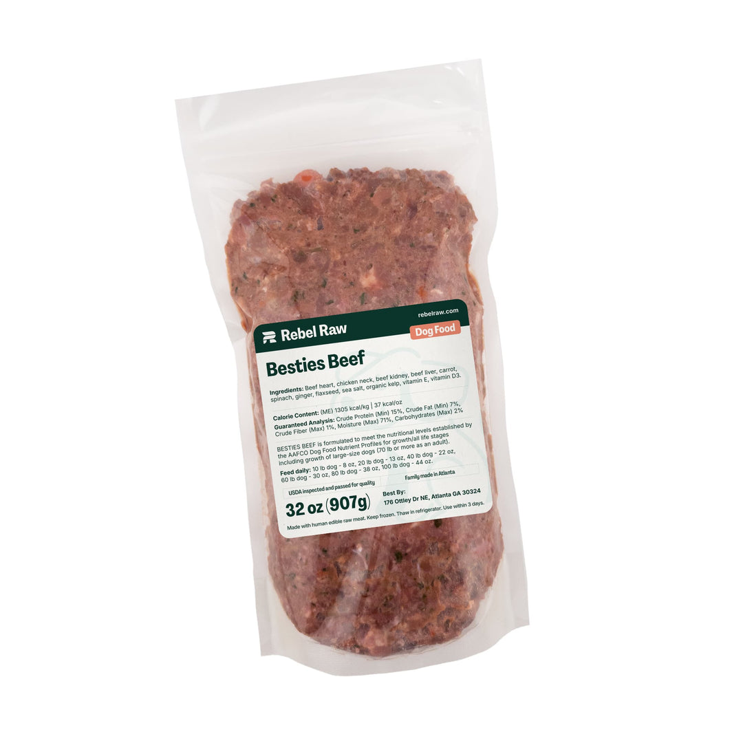 Package of Rebel Raw Besties Beef 32 oz dog food with a label on a white background