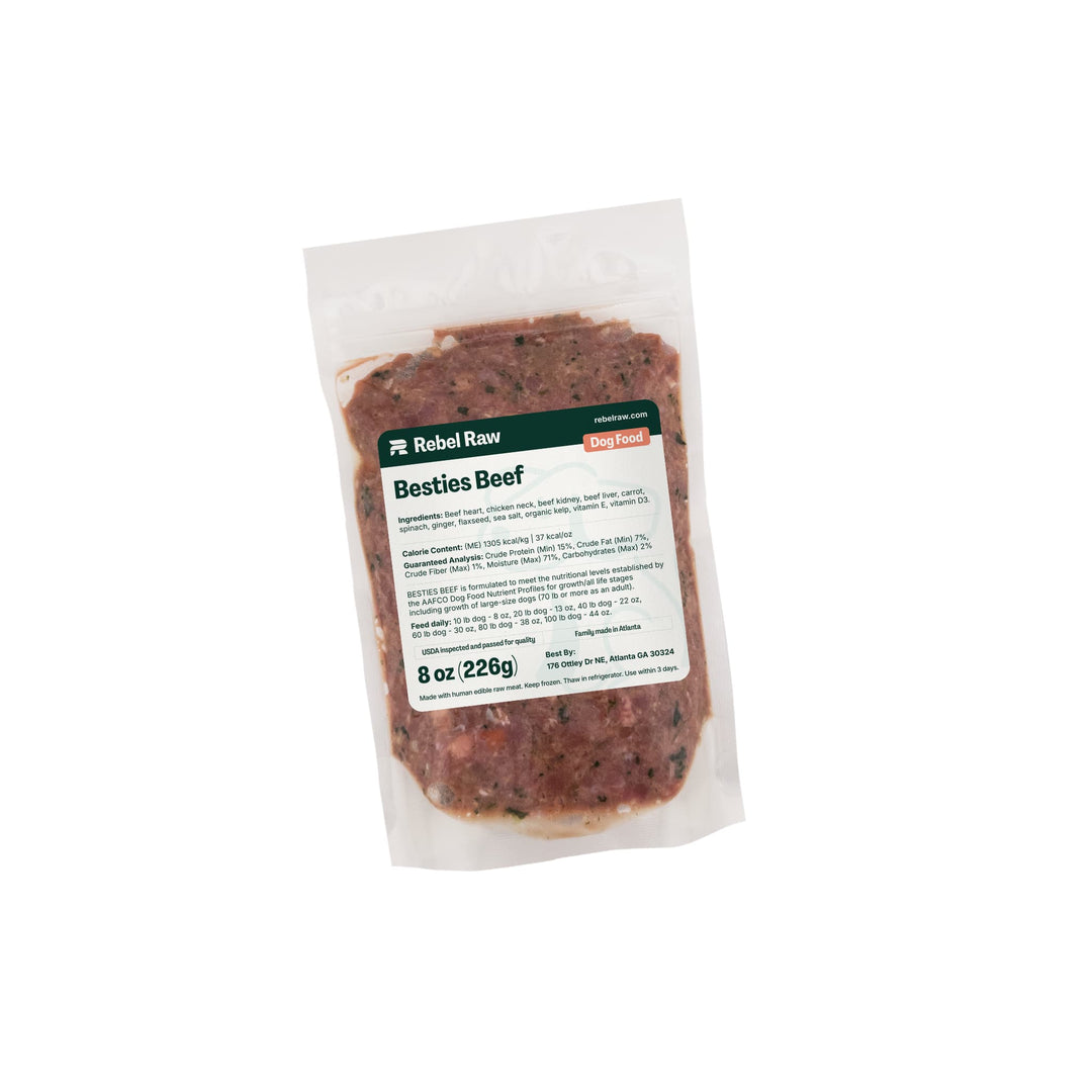 Package of Rebel Raw Besties Beef 8 oz dog food with a label on a white background