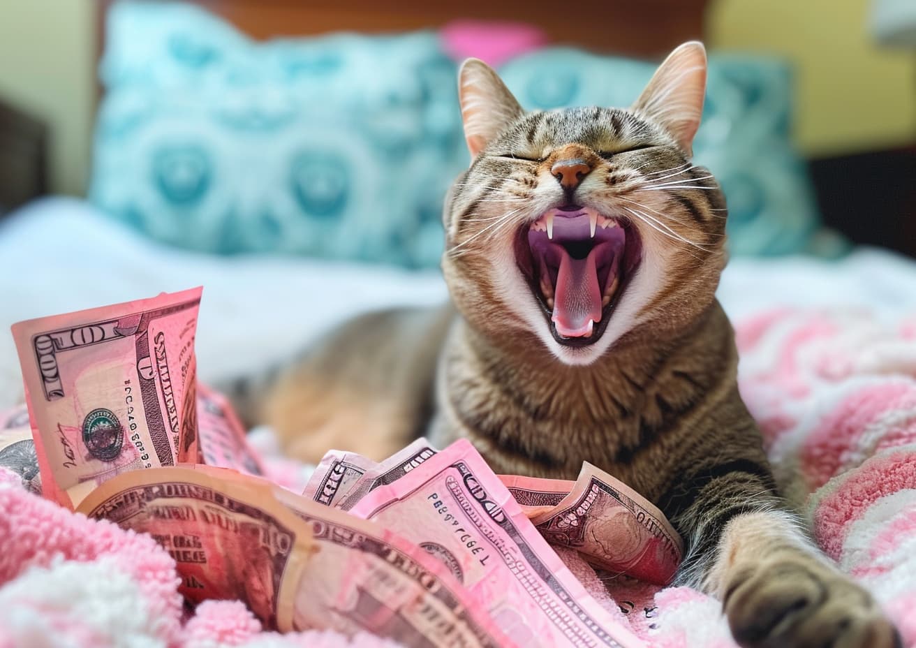 Cat yelling with pink money