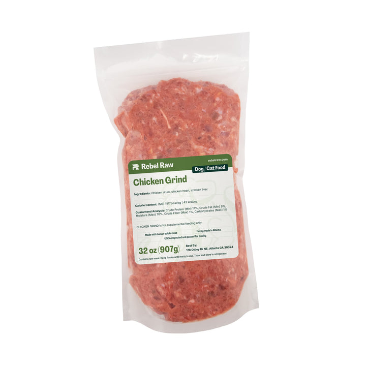 Package of Rebel Raw Chicken Grind pet food on a white background
