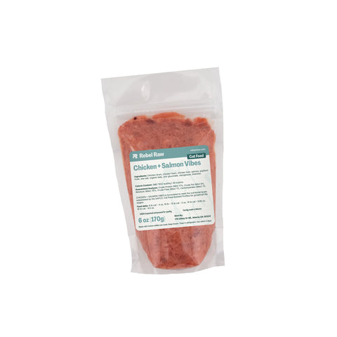 Package of Rebel Raw Chicken + Salmon Vibes raw cat food on a white background