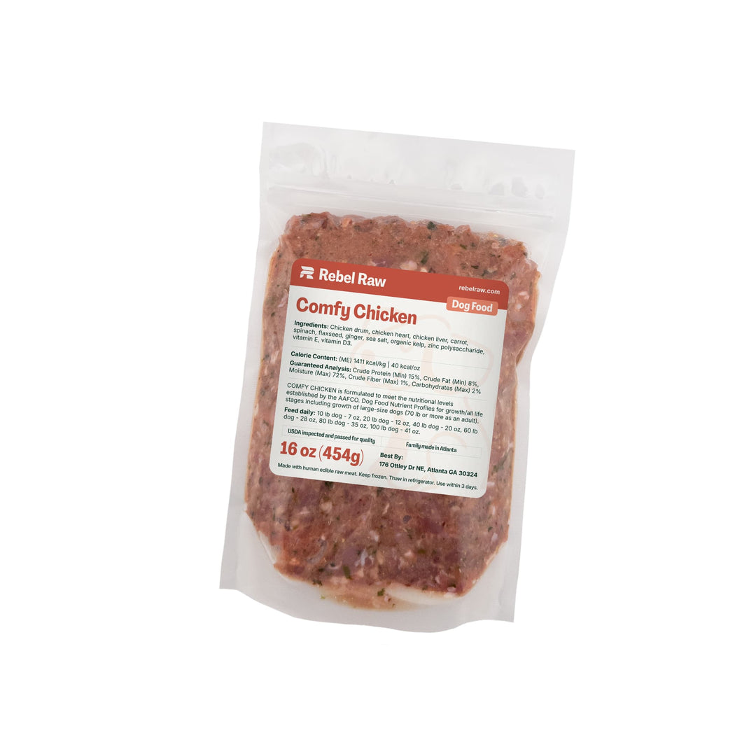Package of Rebel Raw Comfy Chicken 16 oz dog food on a white background