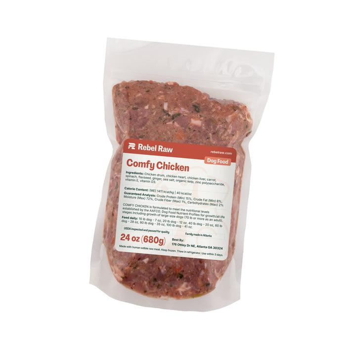 Package of Rebel Raw Comfy Chicken 24 oz dog food on a white background