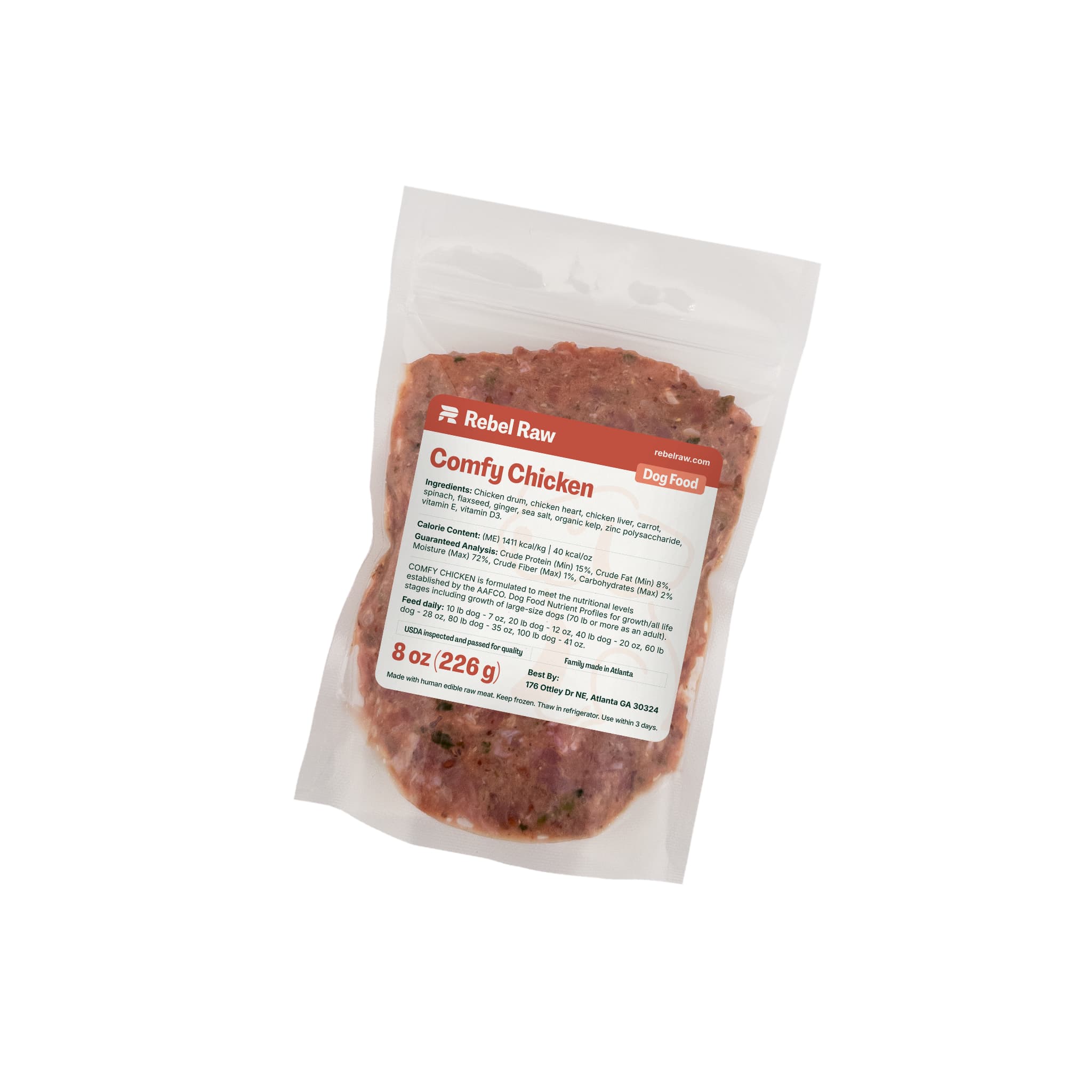 Package of Rebel Raw Comfy Chicken 8 oz dog food on a white background