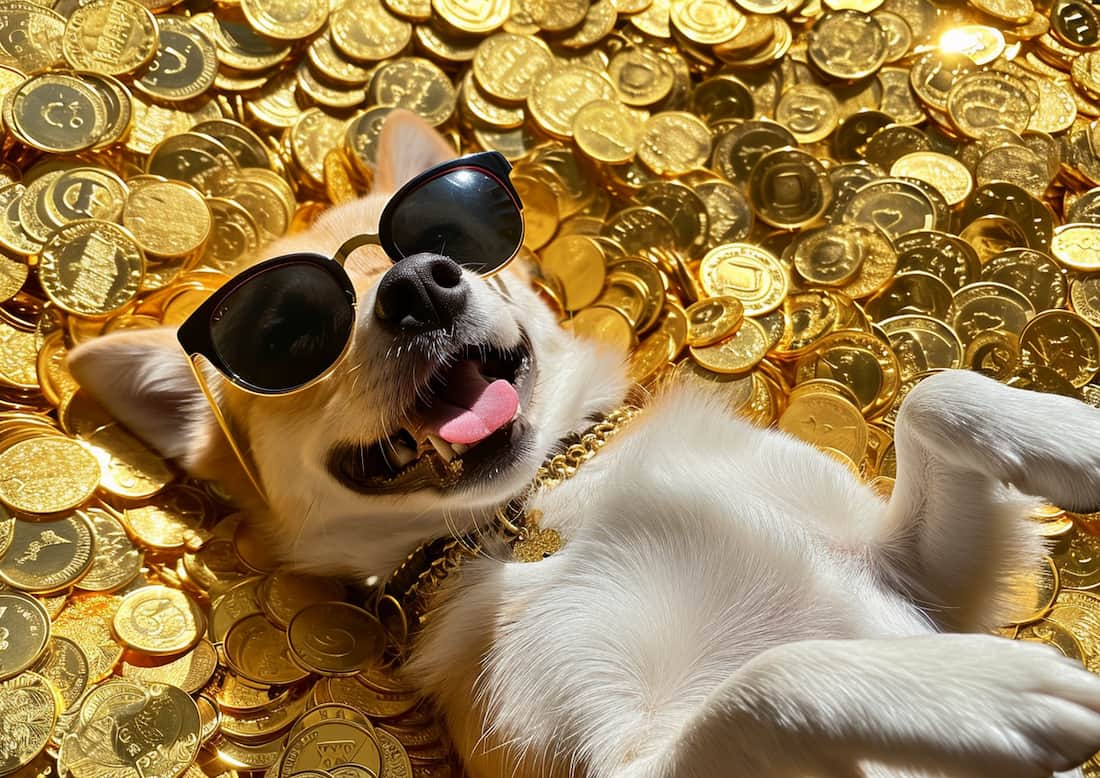 Dog with sunglasses rolling in gold coins