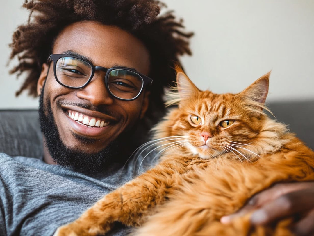 Happy man with orange cat