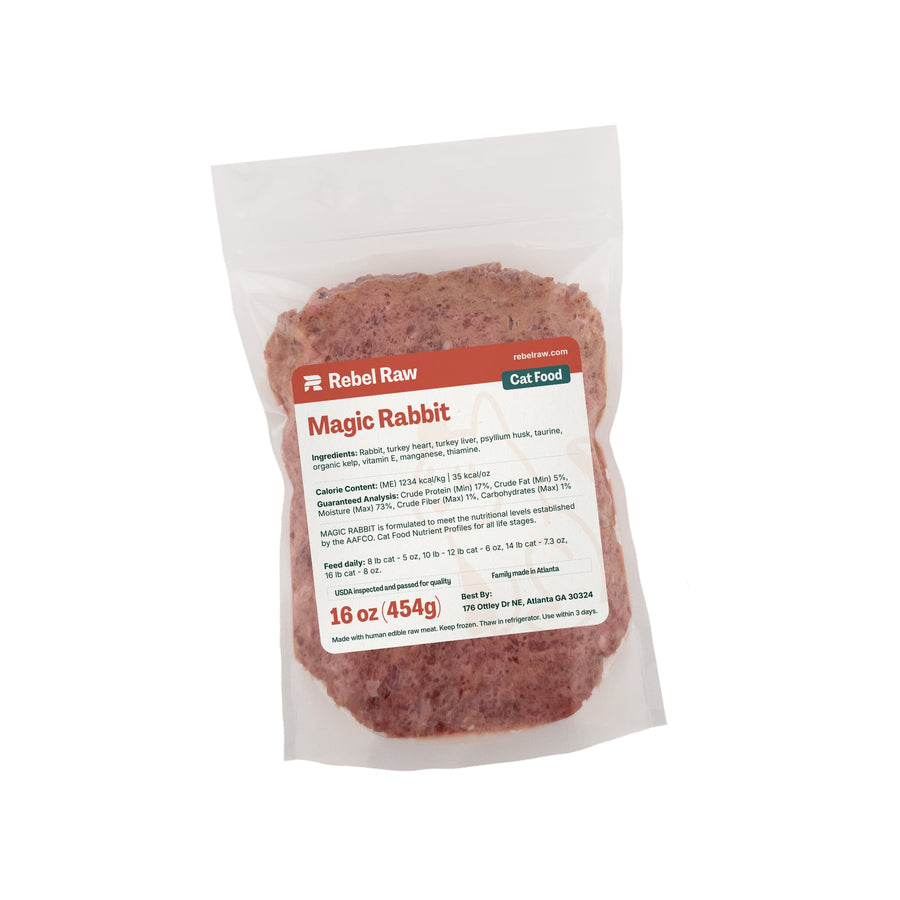 Package of Rebel Raw Magic Rabbit 16 oz cat food on a white background