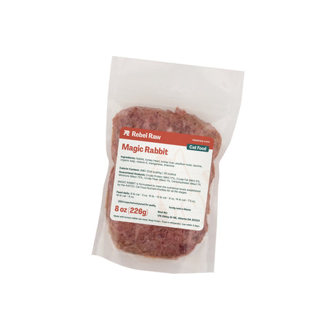 Package of Rebel Raw Magic Rabbit 8 oz cat food on a white background