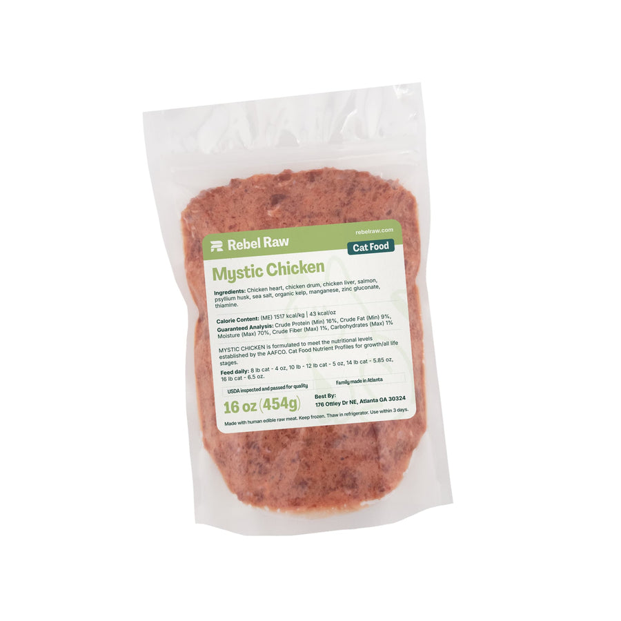 Package of Rebel Raw Mystic Chicken 16 oz cat food on a white background