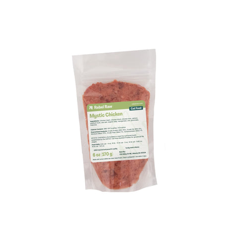 Package of Rebel Raw Mystic Chicken 6 oz cat food on a white background