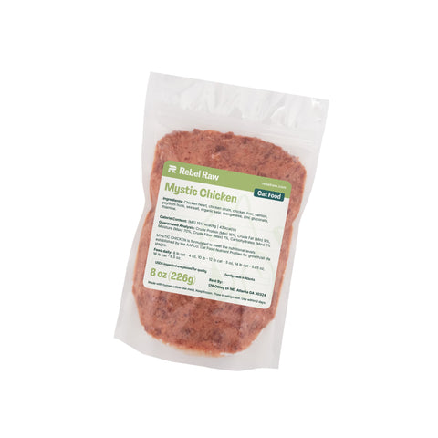 Package of Rebel Raw 8 oz Mystic Chicken cat food on a white background