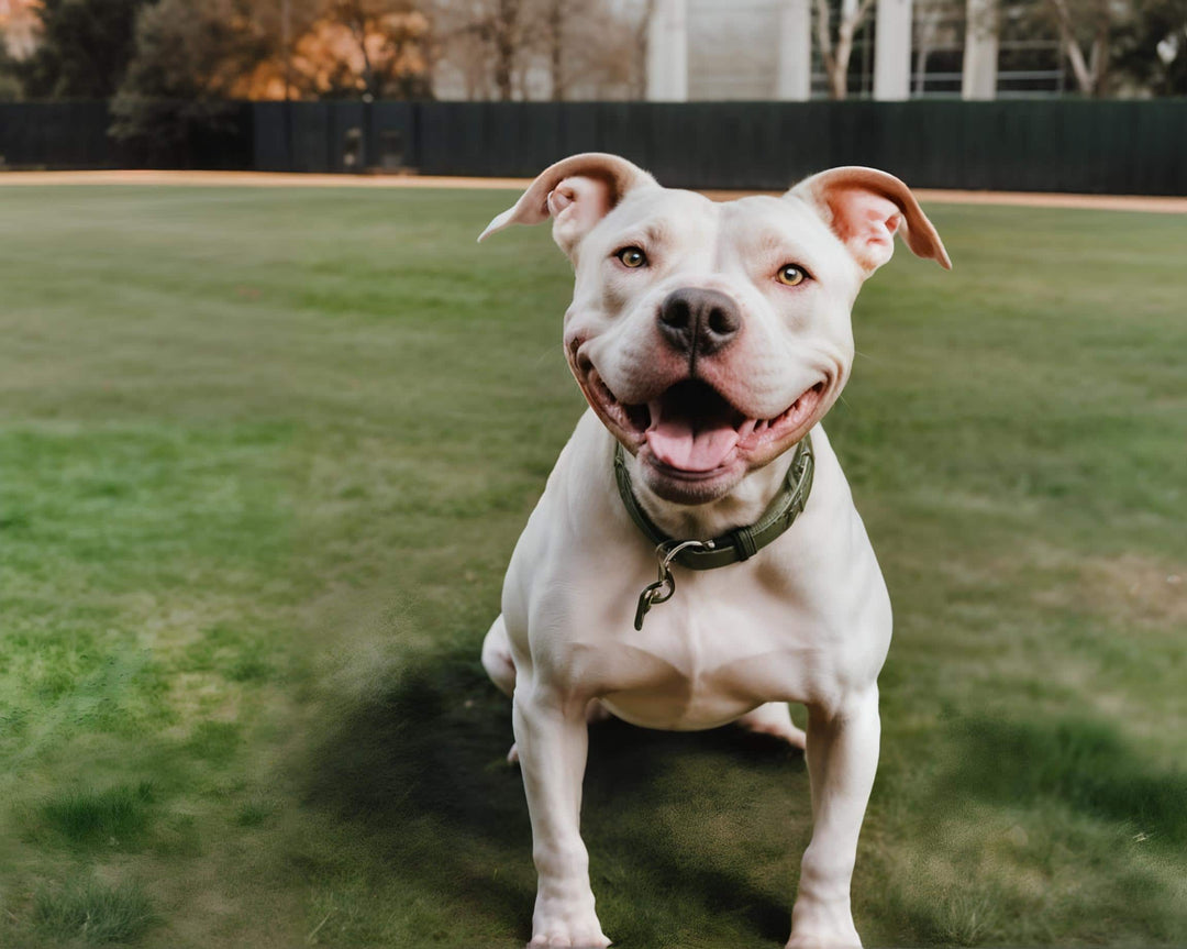 Pit bull smiling in the park.
