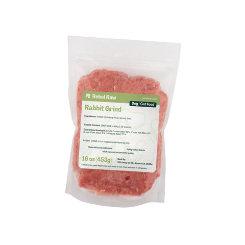 Package of Rebel Raw Rabbit Grind dog and cat food on a white background