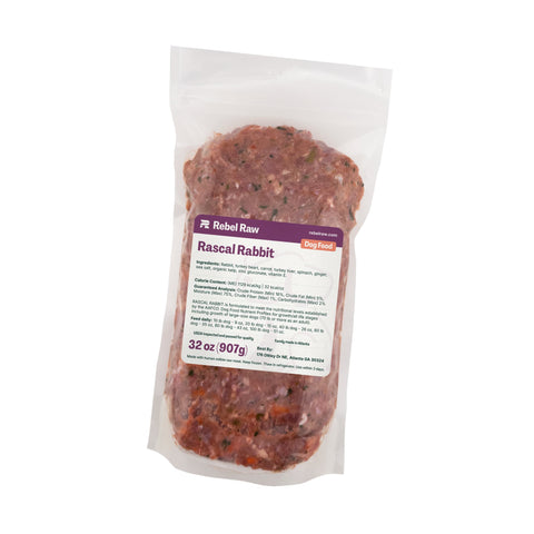 Package of Rebel Raw Rascal Rabbit 32 oz dog food on a white background