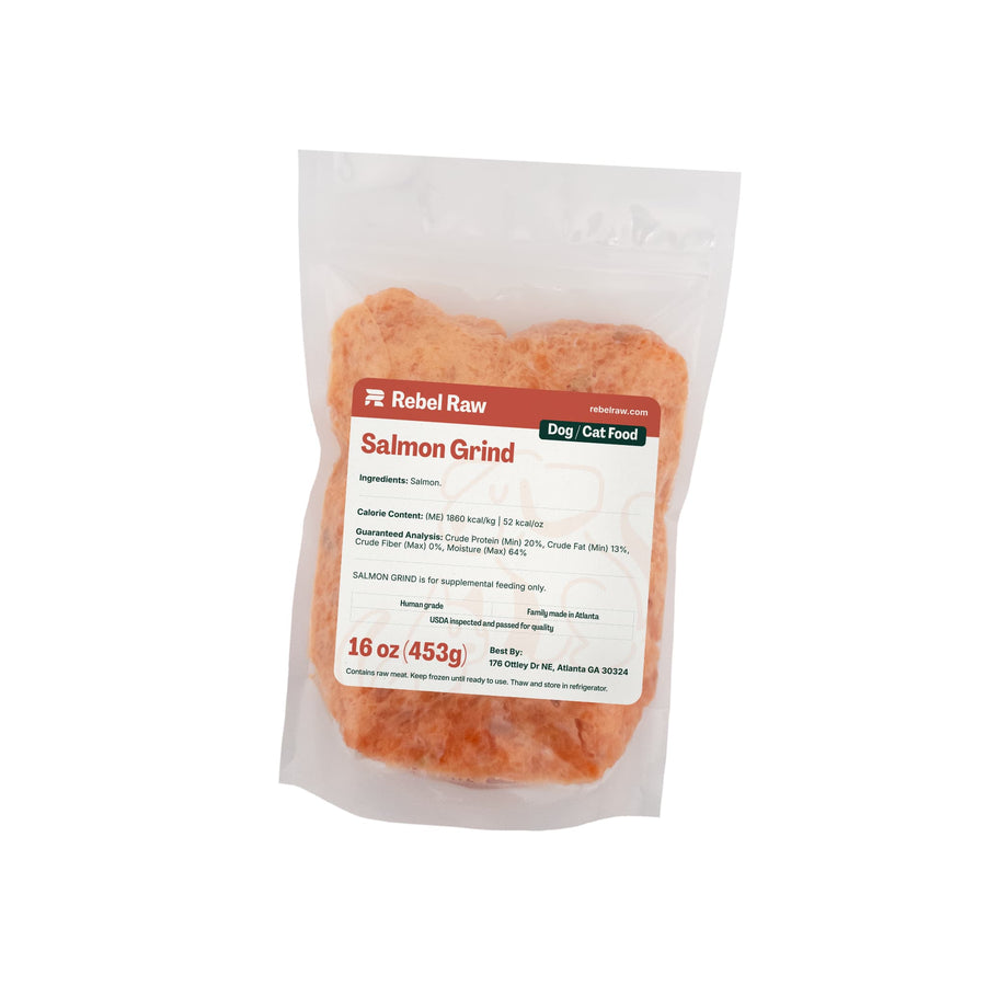 Package of Rebel Raw Salmon Grind dog and cat food on a white background