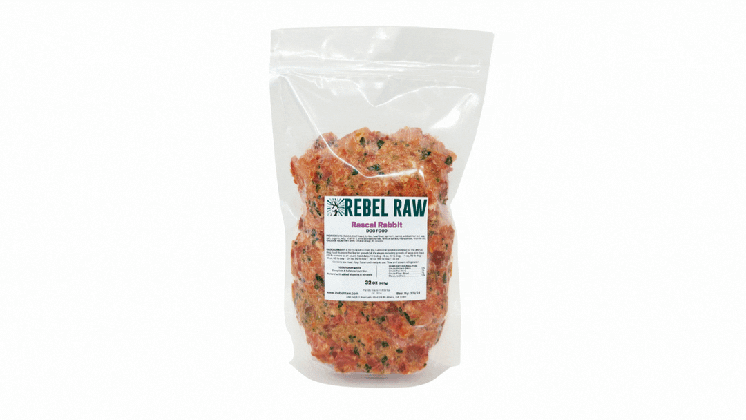 Photos of various bags of Rebel Raw food sizes.