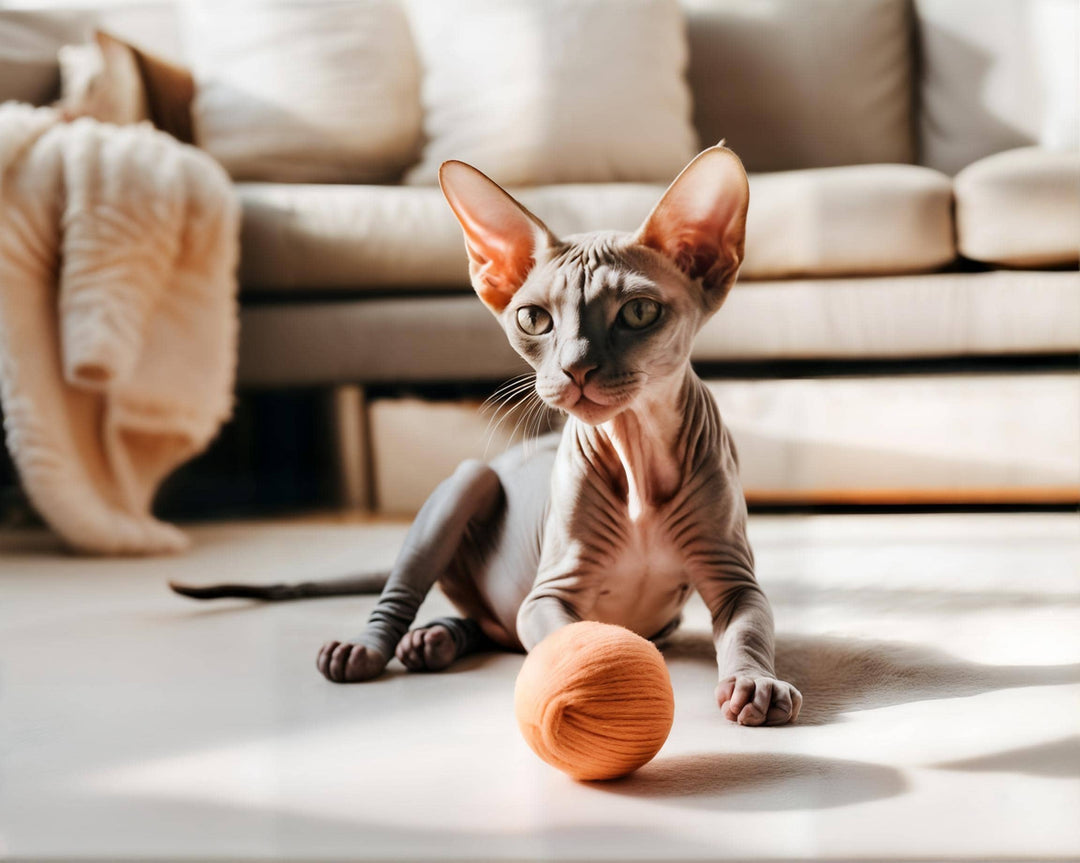 Sphynx kitten playing with ball toy.