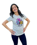 Women posing with arms to the side in natural Rebel Raw shirt.