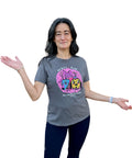 Women posing with arms to the side in slate Rebel Raw shirt.