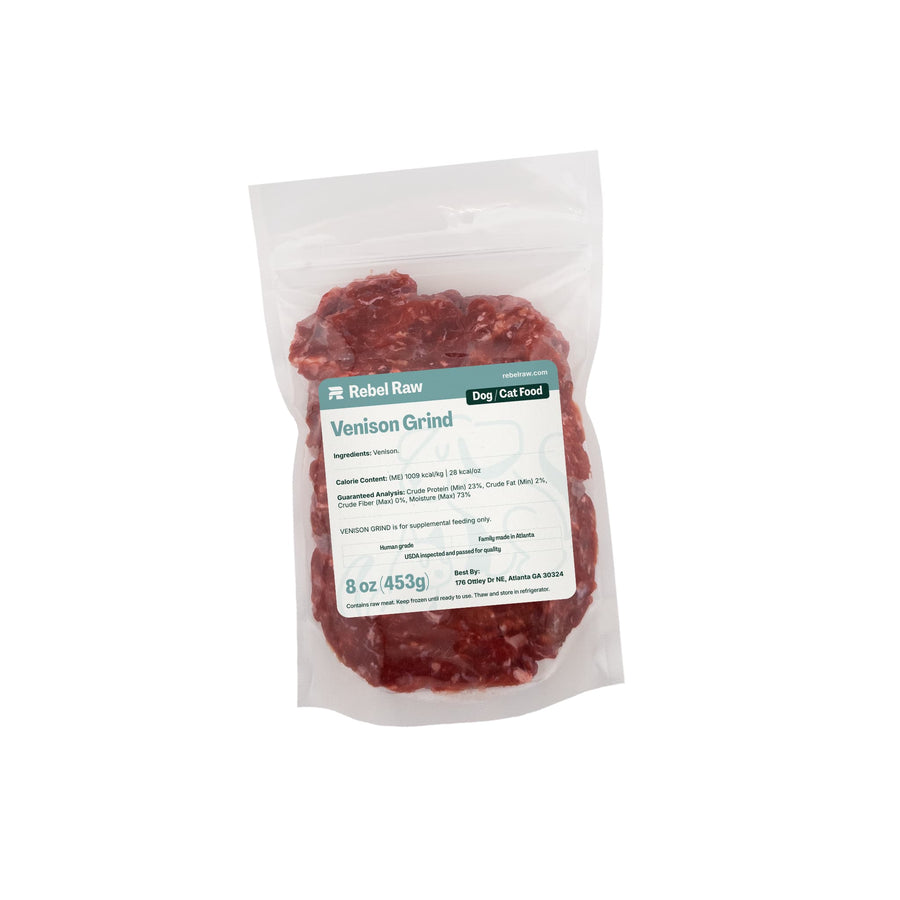 Package of Rebel Raw Venison Grind dog and cat food on a white background