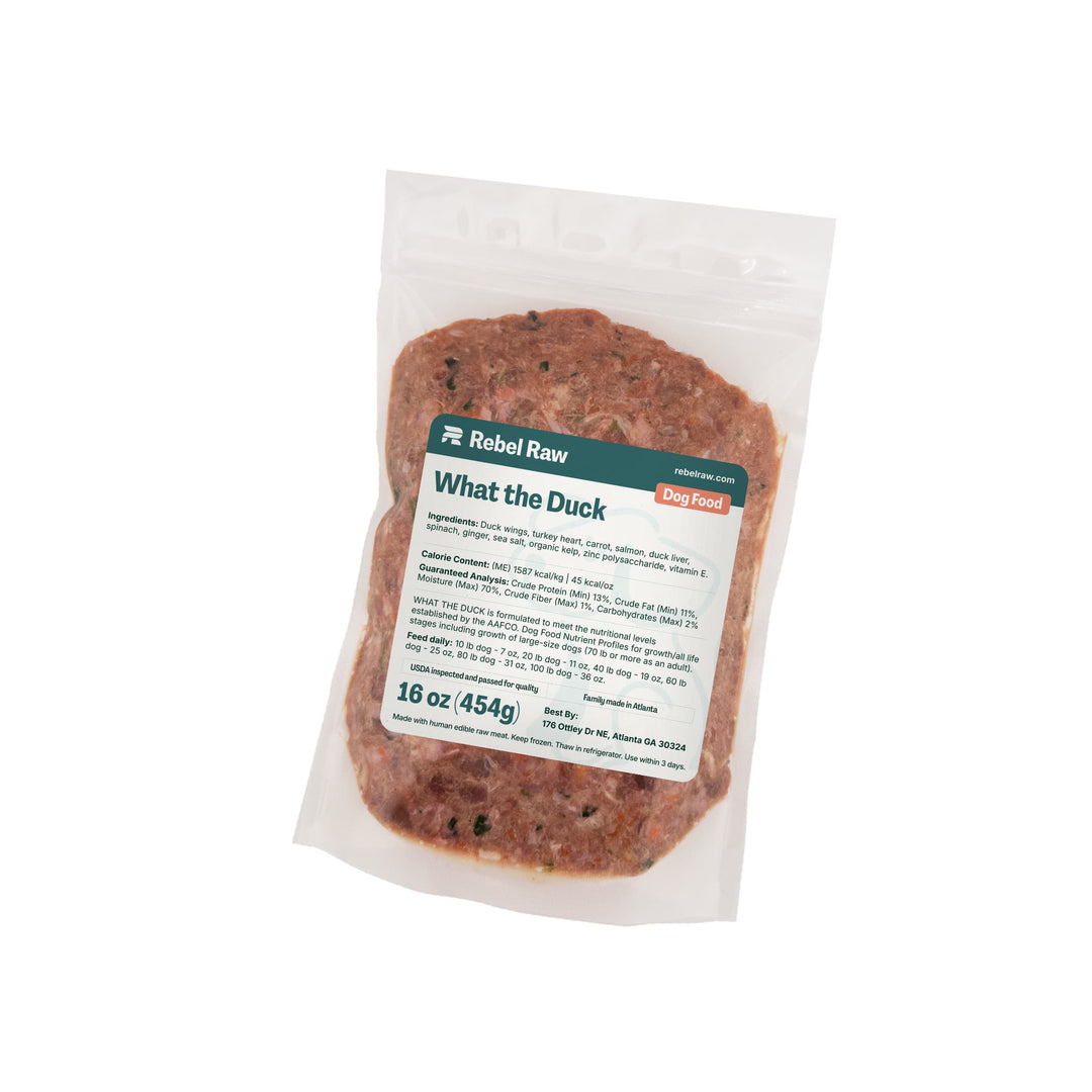 Package of Rebel Raw What the Duck 16 oz dog food on a white background