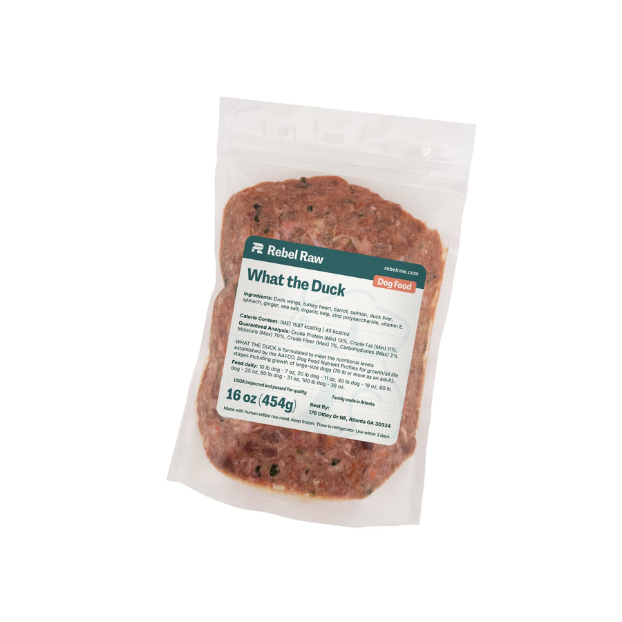 Package of Rebel Raw What the Duck 16 oz dog food on a white background