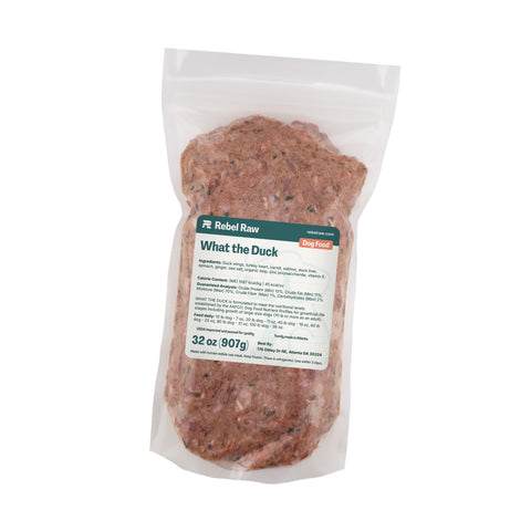 Package of Rebel Raw What the Duck 32 oz dog food on a white background