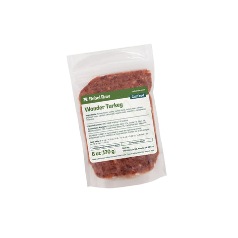 Package of Rebel Raw Wonder Turkey 6 oz cat food on a white background