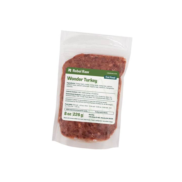Package of Rebel Raw Wonder Turkey 8 oz cat food on a white background