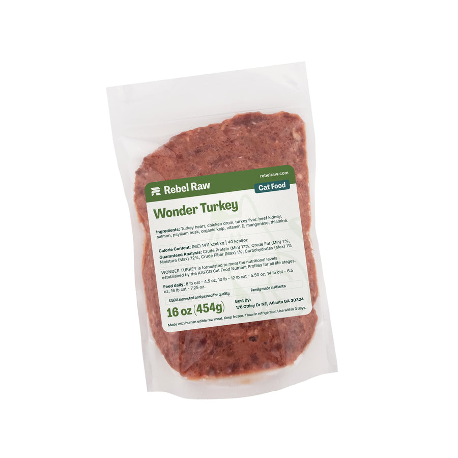 Package of Rebel Raw Wonder Turkey 16 oz cat food on a white background