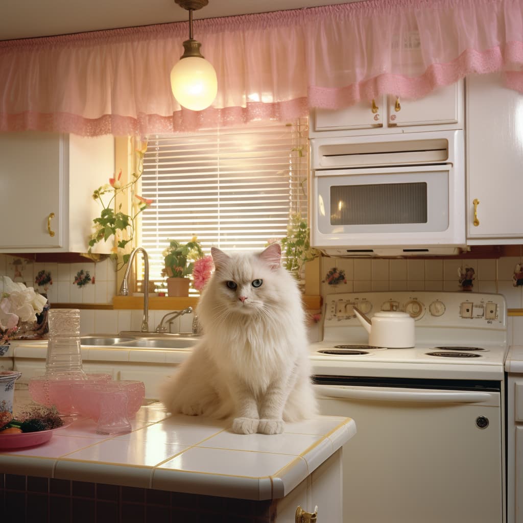 Cat sitting on the counter of an 80's style kitchen.
