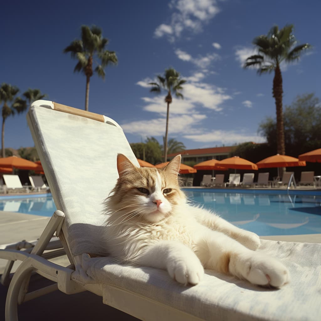 Cat laying on a lounge chair, next to a pool.