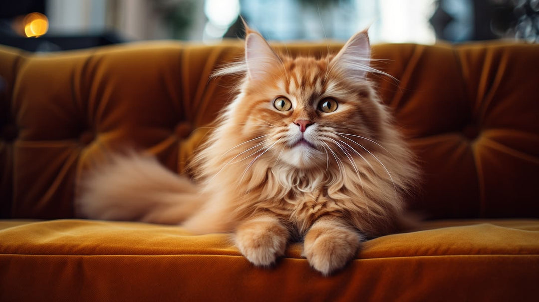 Happy orange cat sitting on couch