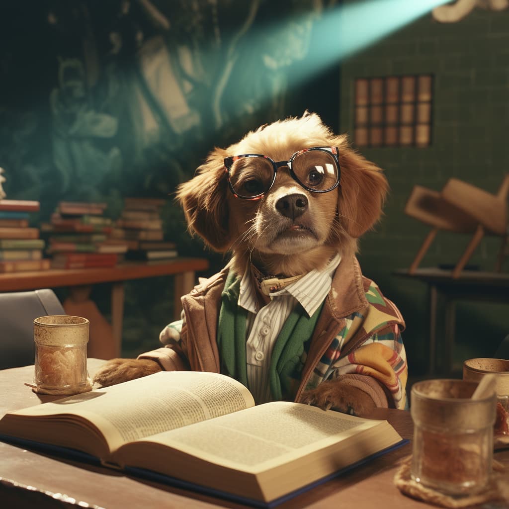 Dog in a fancy outfit looking a a book.