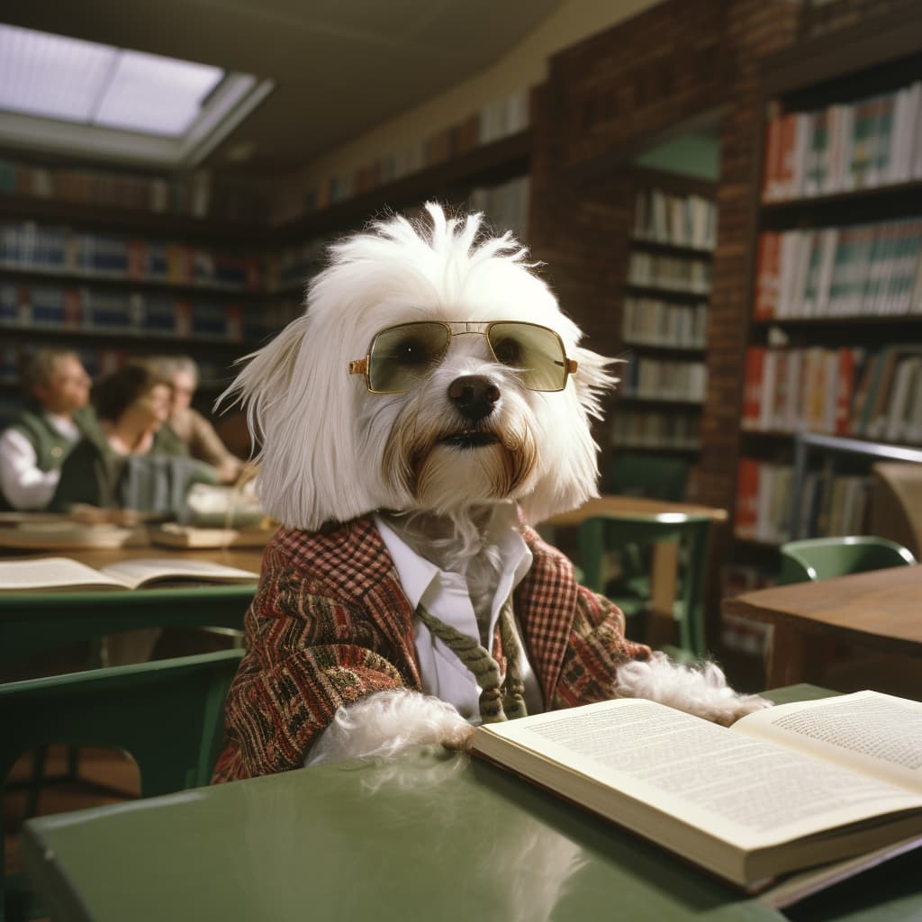 Dog with sunglasses on reading a book in a library.
